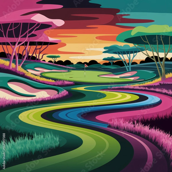 Fototapeta Abstract and Artistic image - A vibrant, abstract golf course painting with swirling colors, twisting fairways, a sunset sky, and fluid shapes of trees and bunkers, evoking energy and playfulness.