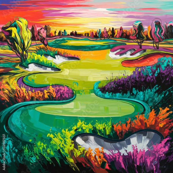 Fototapeta Abstract and Artistic image - A vibrant, abstract golf course painting with swirling emerald grass, colorful fairways, a sunset sky, and fluid shapes of trees and bunkers, radiating energy.