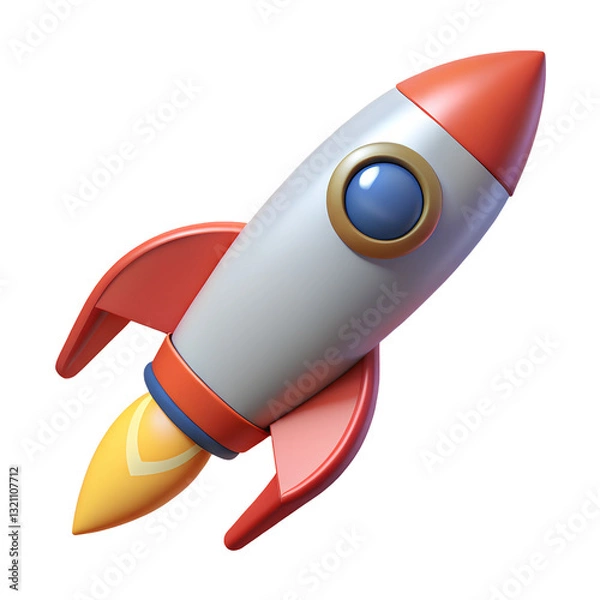 Fototapeta Cartoon rocket ship, retro space toy, space rocket illustration icon, 3D rendering, 