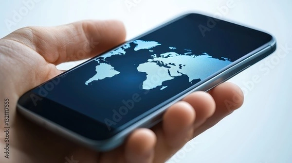 Fototapeta Global connectivity, hand holding cell phone displaying world map