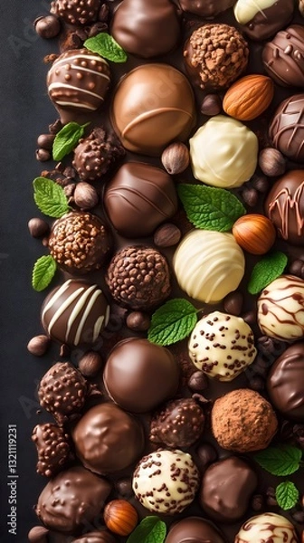 Fototapeta Dark chocolate truffles and candies arranged on dark background