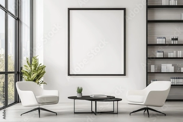 Fototapeta Modern minimalist waiting area with large blank frame