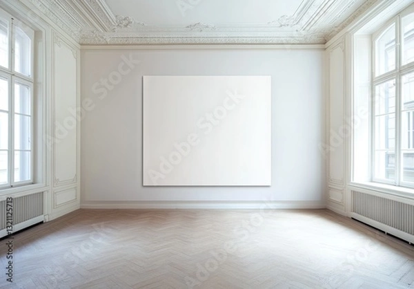 Fototapeta Empty gallery space with large blank canvas