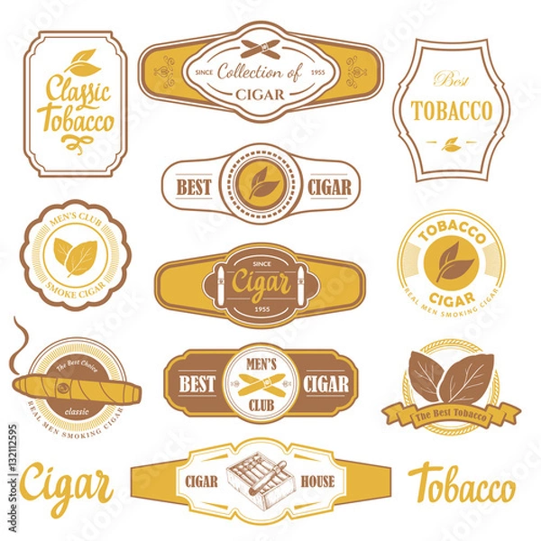 Fototapeta Vector Illustration with logo and labels. Simple symbols tobacco, cigar. Traditions of smokeke. Decorative elements, icon for your design. Gentleman style.
