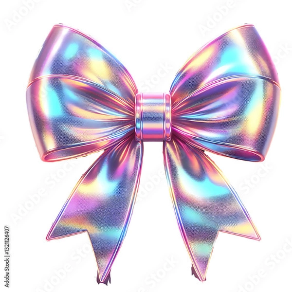 Fototapeta 3D render of a bow on a transparent background. Holographic sparkling element in Y2K style. Liquid chrome, vintage girly accessory in pastel pink color, icon, metal surface
