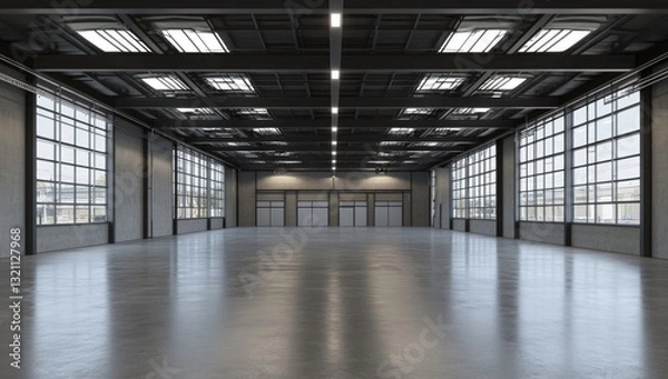Fototapeta Empty, modern industrial warehouse space with large windows and high ceilings.  Spacious and versatile interior, ideal for many uses