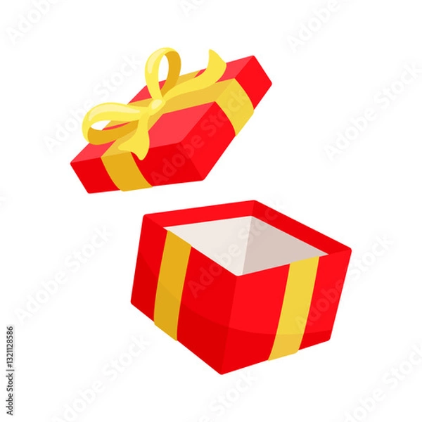 Obraz Open red gift box with yellow ribbon floating in the air