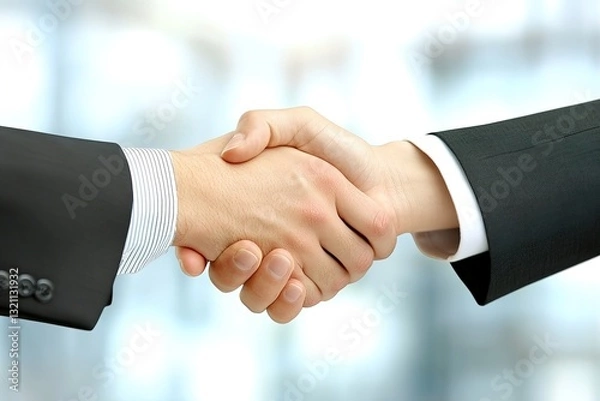 Obraz Employees, women and happy at office with handshake for recruitment, welcome and agreement. 