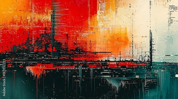 Fototapeta Painting of a city skyline with buildings and abstract glitch art depicting stock market data