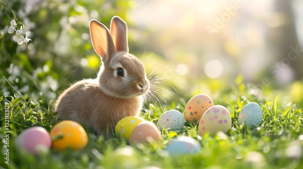 Obraz Vector illustrations of cute Easter bunnies in playful and colorful designs.