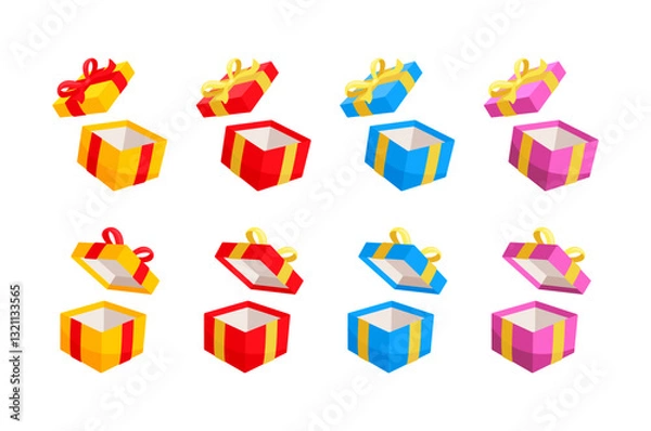 Obraz Colorful open gift boxes with ribbon and bow floating on white background