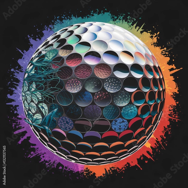 Fototapeta Abstract & Artistic - A kaleidoscopic golf ball illustration features iridescent scales, intricate patterns, and vibrant colors, reflecting energy and creating an atmospheric glow in the background.