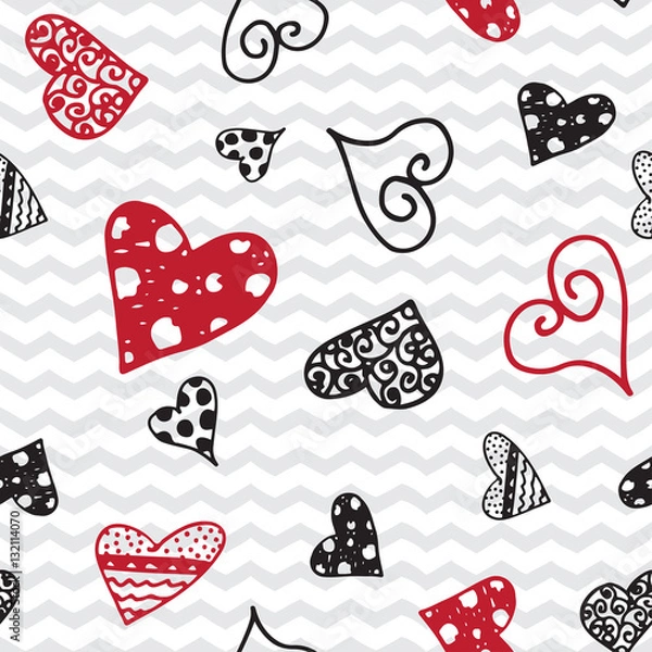 Fototapeta Retro hand-drawn sketches seamless background with hearts for valentines and wedding day