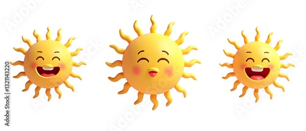 Fototapeta Three cheerful suns displaying joyful expressions with smiling faces and radiating rays.