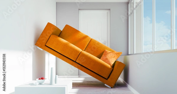 Fototapeta Orange colored sofa is to big for a too small sunny room - 3D illustration