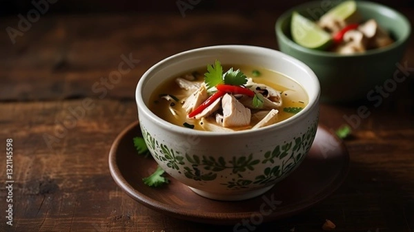Fototapeta Exotic Soup Delight: A culinary exploration featuring a steaming bowl of savory soup adorned with fresh herbs, and vibrant vegetables, presented on a rustic wooden table.