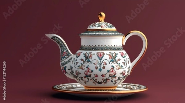 Fototapeta Elegant Minimalist 3D Rendering of Decorative Islamic Teapot with Floral Patterns on a Rich Background