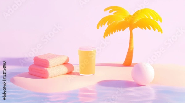 Fototapeta Tropical paradise with palm tree, beach towel, juice, and ball in soft pastel colors