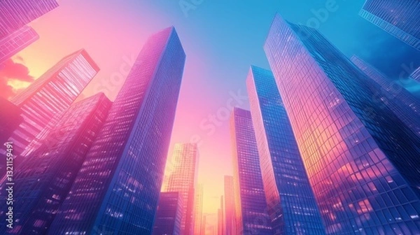 Fototapeta Tall glass skyscrapers reach for the colorful sky as the sun sets, casting a soft glow over the urban landscape with shades of pink, purple, and orange illuminating the scene