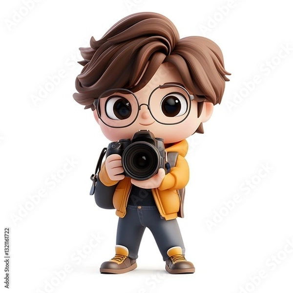 Fototapeta Adorable Cartoon Boy Photographer with Camera, 3D Render, Child Photography