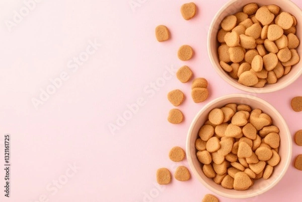 Obraz Modern Pet Food Composition Displayed in Two Ceramic Bowls on a Pink Background With Scattered Pieces
