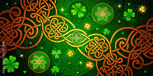 Fototapeta Elegant Celtic Pattern with Gold Filigree and Shamrock Motifs on a Green Background.