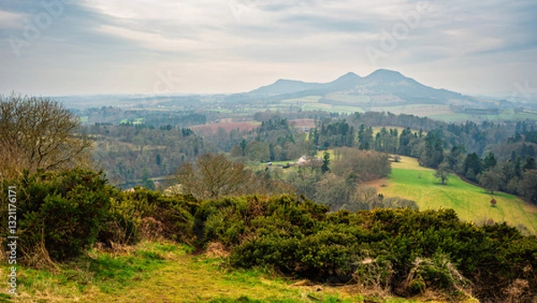 Fototapeta Eildon Hills above the River Tweed,  which is 97 miles long from source to estuary and runs eastward in the Scottish Borders