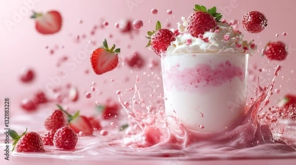Fototapeta Yogurt cup splashing with flying strawberries on a vibrant pink background