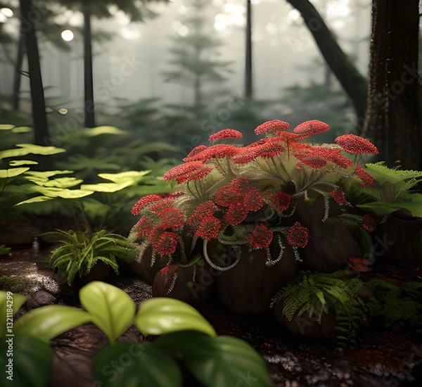 Fototapeta Red forest with mysterious red plants A large tree in the middle of a covered in leaves.generative ai