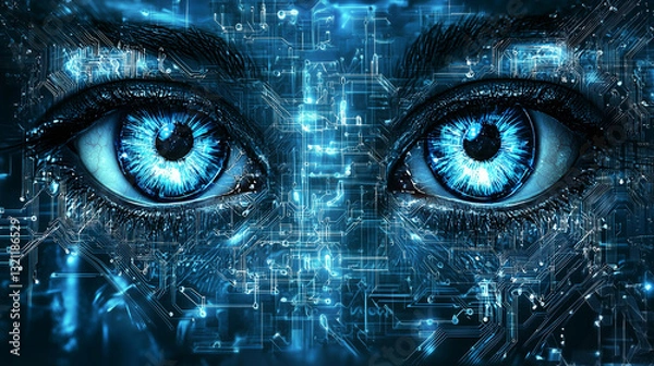 Fototapeta Futuristic cybernetic human eyes with glowing blue irises, overlaid with digital circuit patterns, symbolizing artificial intelligence