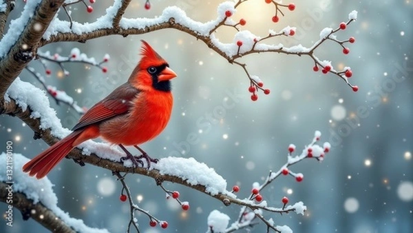 Fototapeta Vibrant red cardinal perched on snow-covered branch with winter berries