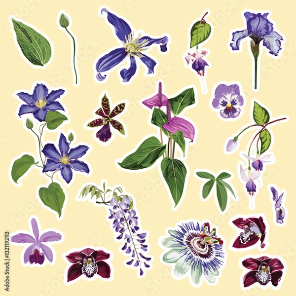 Obraz Set of violet garden and tropical flowers elements. Set of stickers, pins, patches and handwritten notes collection stikers kit.