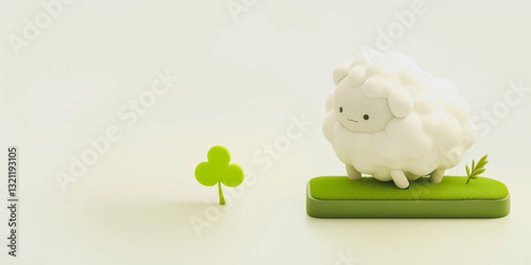Obraz Minimalist Isometric block with a sheep looking at a clover,  3d animation digital render , 2:1 Desktop Background