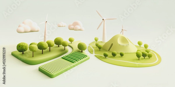 Fototapeta Minimalist landscape of farm land and windmill park,  3d animation digital render , 2:1 Desktop Background