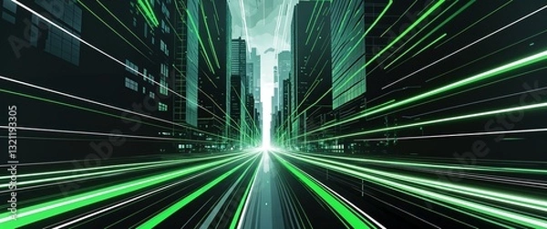 Fototapeta dark urban city background with green streaks light rays motion and energy concept digital abstract artwork