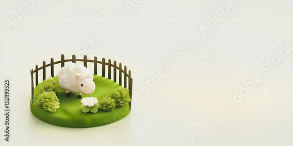 Obraz Minimalist round block with a fence, grass and a sheep,  3d animation digital render , 2:1 Desktop Background