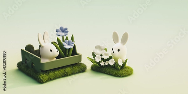 Fototapeta Minimalist Fence with spring Flowers and a Bunny rabbit, 3d animation digital render , 2:1 Desktop Background