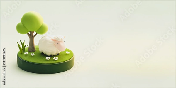 Obraz Minimalist round block with a tree, grass and a sheep, 3d animation digital render , 2:1 Desktop Background