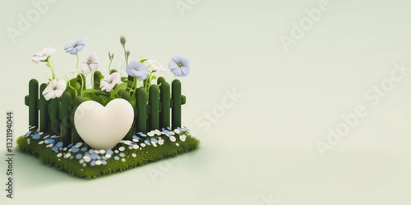 Fototapeta Minimalist Fence of Flowers with a large heart , 3d animation digital render , 2:1 Desktop Background
