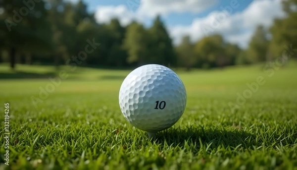 Fototapeta A Perfectly Poised Golf Ball, Number Ten, Ready For The Tee-off, Sits On A Lush Green, Bathed In Sunny Outdoor Light Against A Backdrop Of A Tranquil, Tree-lined Golf Course