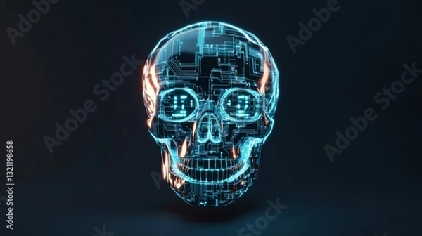 Fototapeta Floating cybernetic skull with glowing circuits, ultra-detailed futuristic horror aesthetic