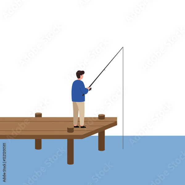 Fototapeta Man fishing on a wooden dock in minimal flat style vector art