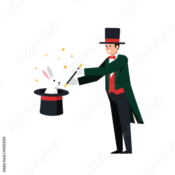 Fototapeta Magician performing a magic trick with a rabbit in a top hat, flat vector art