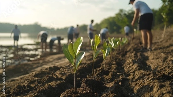 Fototapeta a group of people planting young trees in a row.