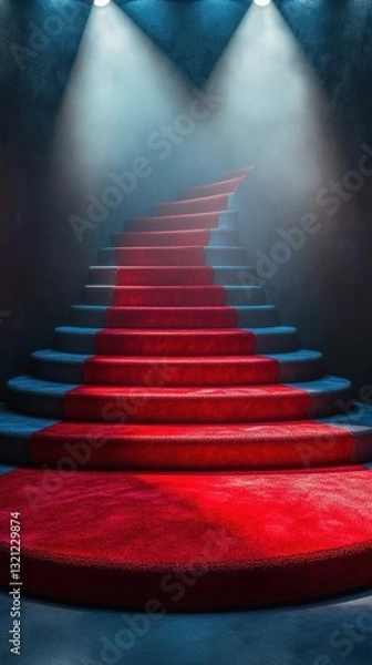 Fototapeta Elegant red carpet stairs illuminated by soft lights create a glamorous atmosphere in a dark setting