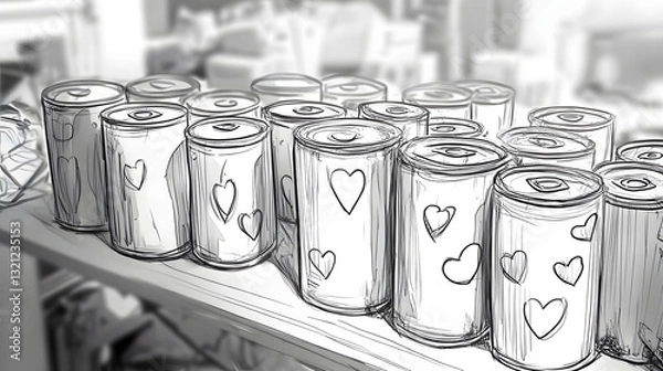 Fototapeta A school charity drive with large sketches of food cans, clothes, and heart icons