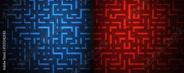 Fototapeta Abstract Red and Blue Geometric Maze Pattern Background Digital Art Technology Design