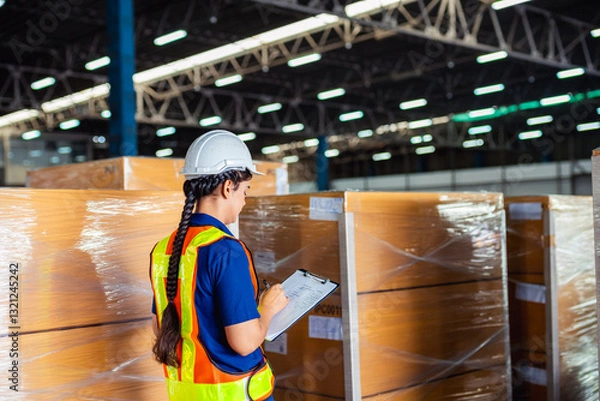 Obraz Warehouse worker checks inventory while organizing boxes in a storage facility during daylight hours