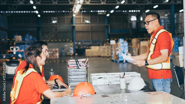 Obraz Workers engage in a safety briefing in a warehouse setting during the day with emphasis on teamwork and communication