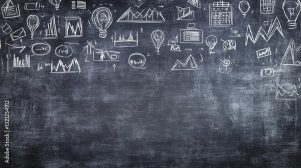 Fototapeta A conceptual background featuring business-related sketches drawn on a chalkboard